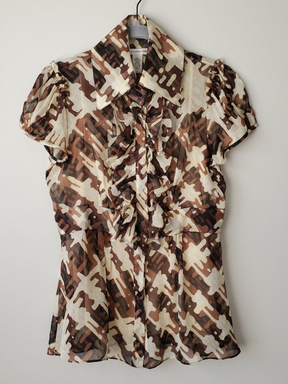 DVF NWOT Sheer Silk Ruffle Front Blouse & Camisole Set Brown Ivory Abstract 4